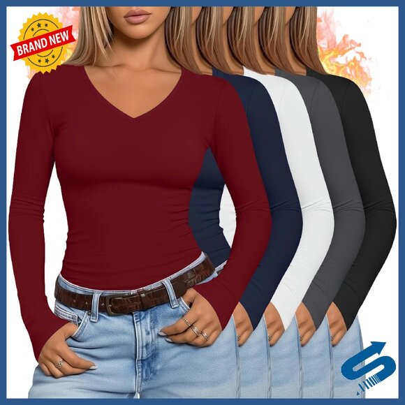 Women's Thermal Long Sleeve Fleece Lined V-Neck Slim Fit Base Layer Tops